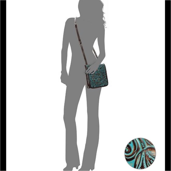 Patricia Nash Granada Tooled Leather Crossbody Antique Brown Turquoise - Picture 2 of 8